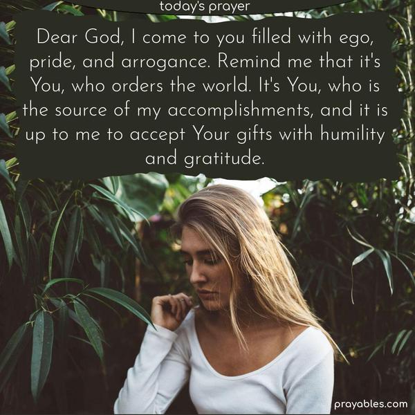 Dear God, I come to you filled with ego, pride, and arrogance. Remind me that it's You, who orders the world. It's You, who is the source of my accomplishments, and it is up to me to accept Your gifts with humility and gratitude.