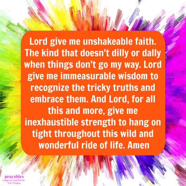 Lord give me unshakeable faith. The kind that doesn’t dilly or dally when things don’t go my way. Lord give me immeasurable wisdom to recognize the tricky truths and embrace them. And Lord, for all this and more, give me inexhaustible
strength to hang on tight throughout this wild and wonderful ride of life. Amen