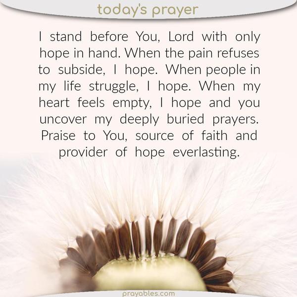 I stand before You, Lord with only hope in hand. When the pain refuses to subside, I hope. When people in my life struggle, I hope. When my
heart feels empty, I hope and you uncover my deeply buried prayers. Praise to You, source of faith and provider of hope everlasting.