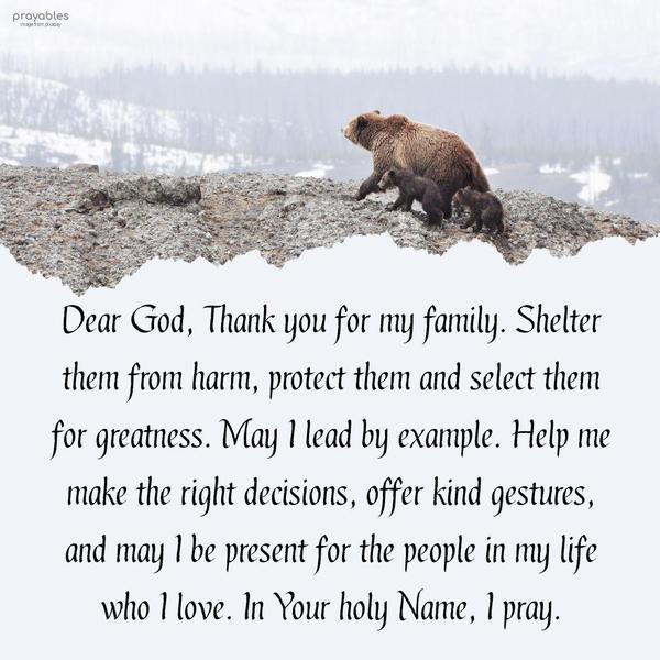 Dear God, Thank you for my family. Shelter them from harm, protect them and select them for greatness. May I lead by example. Help me make the right decisions, offer kind gestures, and may
I be present for the people in my life who I love. In Your holy Name, I pray.