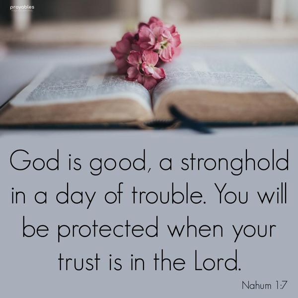 Nahum 1:7 God is good, a stronghold in a day of trouble. You will be protected when your trust is in the Lord.