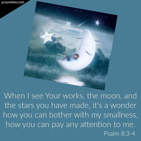 Psalm 8:3-4 When I see Your works, the moon, and the stars you have made, it's a wonder how you can bother with my smallness, how you can pay any attention
to me.