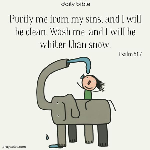 Purify me from my sins, and I will be clean. Wash me, and I will be whiter than snow. Psalm 51:7