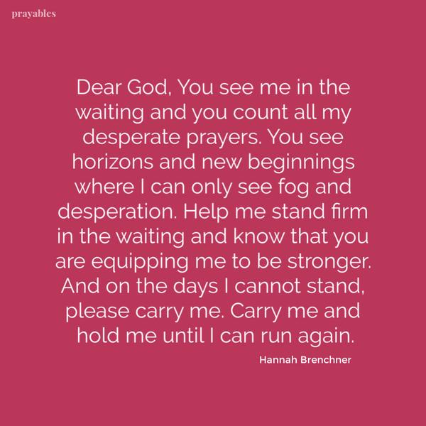 Dear God, You see me in the waiting and you count all my desperate prayers. You see horizons and new beginnings where I can only see fog and desperation. Help me stand firm
in the waiting and know that you are equipping me to be stronger. And on the days I cannot stand, please carry me. Carry me and hold me until I can run again. Hannah Brenchner