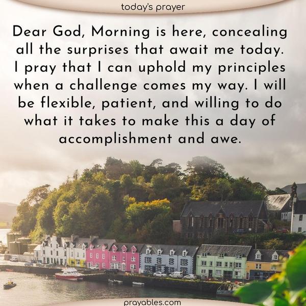 Dear God, morning is here, concealing all the surprises that await me today. I pray that I can uphold my principles when a challenge comes my way. I will be flexible, patient, and willing to do what it takes to make this a day of accomplishment and awe.