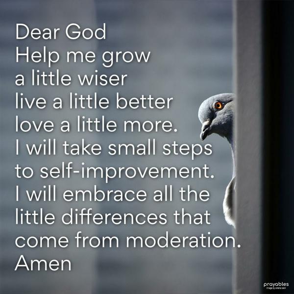 Dear God, Help me grow a little wiser, live a little better, and love a little more. I will take small steps to self-improvement, and I will embrace all the little differences that come
from moderation. Amen