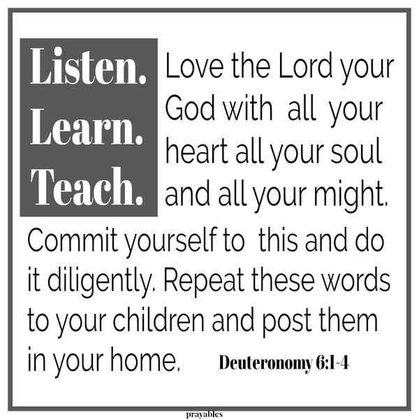 Deuteronomy 6:4-7 Listen. Learn. Teach. Love the Lord your  God with  all  your  heart all your soul  and all your might. Commit yourself to  this and do it diligently. Repeat these words to your children and post them in your home.
"I will live by the credo to listen, to learn, and to teach what I learned to others - as God commanded."