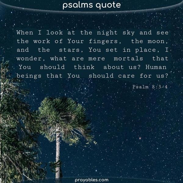 Psalm 8:3-4 When I look at the night sky and see the work of Your fingers,  the moon, and the stars, You set in place, I wonder, what are mere
mortals that You should think about us? Human beings that You should care for us?
