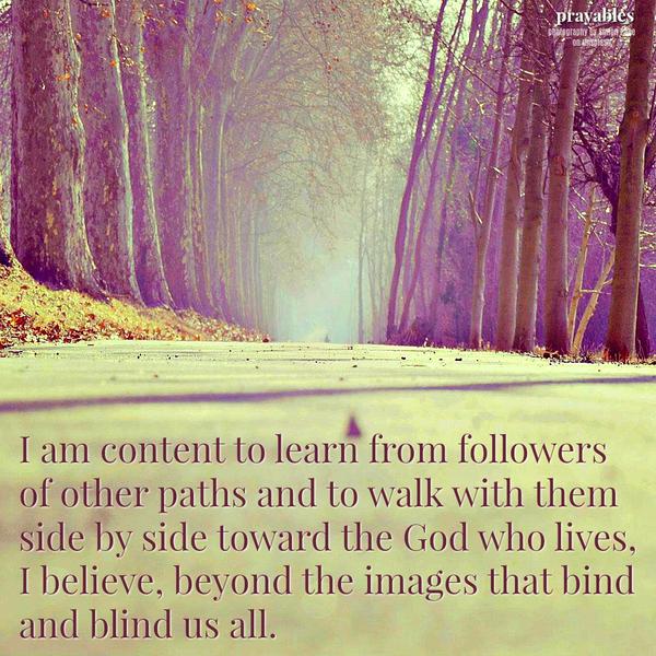 I am content to learn from followers of other paths and to walk with them side by sidetoward the God who lives, I believe, beyond the images that bind and blind us all. 