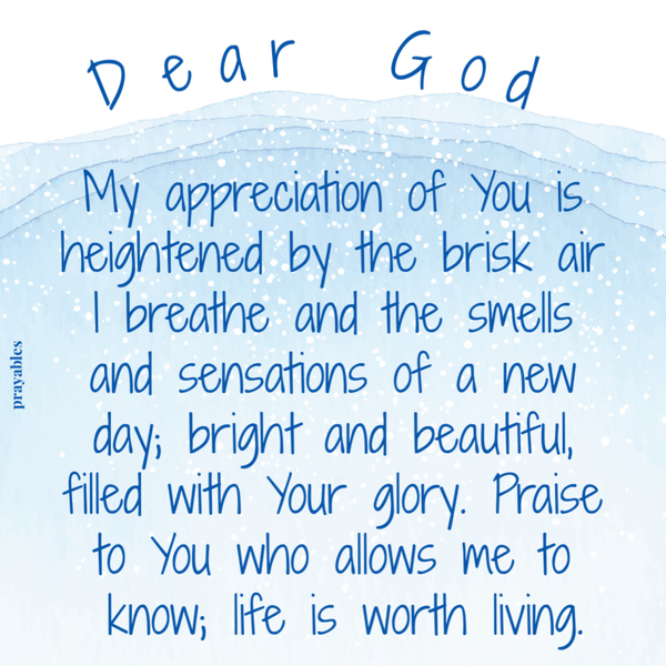 Dear God, My appreciation of You is heightened by the brisk air I breathe and the smells and sensations of a new day; bright and beautiful, filled with Your glory. Praise to You who allows me to know; life is worth living.