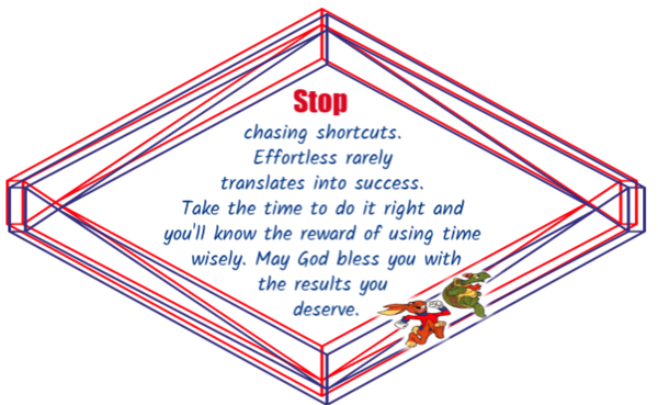 Stop chasing shortcuts. Effortless rarely translates into success. Take the time to do it right and you'll know the reward of using
time wisely. May God bless you with the results you deserve.