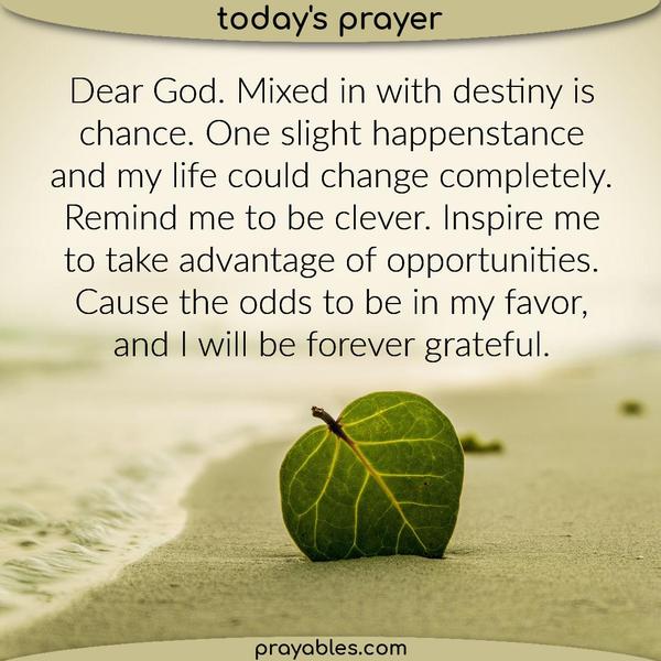 Dear God. Mixed in with destiny is chance. One slight happenstance and my life could change completely. Remind me to be clever. Inspire me to take advantage
of opportunities. Cause the odds to be in my favor, and I will be forever grateful.