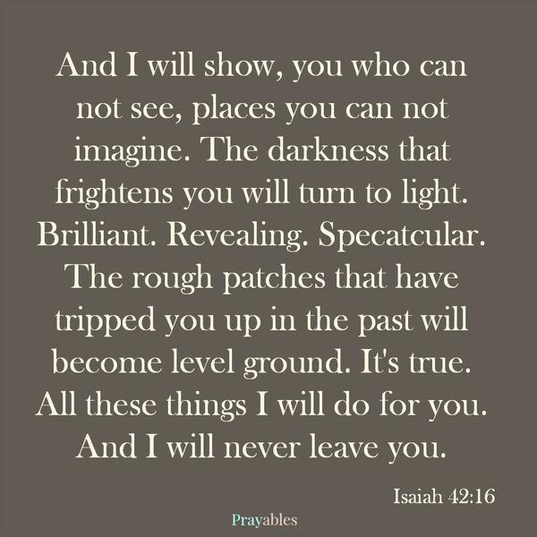 Isaiah 42:16  And I will show, you who can not see, places you can not imagine. The darkness that frightens you will turn to light. Brilliant. Revealing. Spectacular. The rough patches that have tripped you up in the past will
become level ground. It’s true. All these things I will do for you. And I will never leave you.