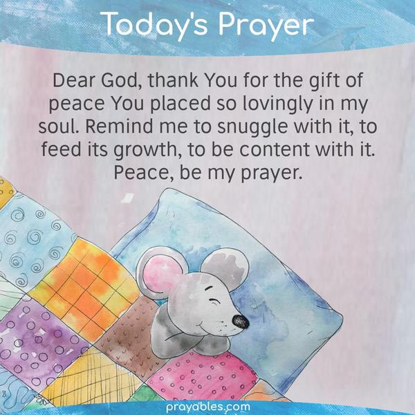 Dear God, thank You for the gift of peace You placed so lovingly in my soul. Remind me to snuggle with it, to feed its growth, to be content
with it. Peace, be my prayer.