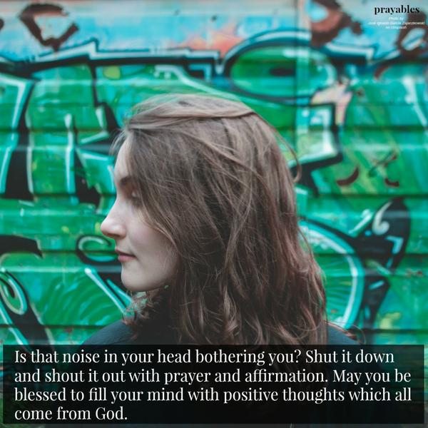 Is that noise in your head bothering you? Shut it down and shout it out with prayer and affirmation. May you be blessed to fill your mind with positive thoughts which all come from God.