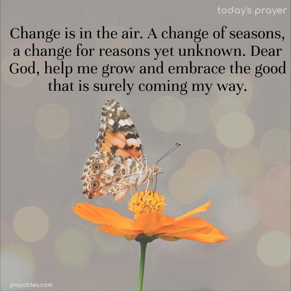 Change is in the air—a change of seasons, a change for reasons yet unknown. Dear God, help me grow and embrace the good that is surely coming my way.