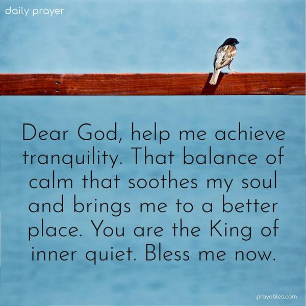 Dear God, help me achieve tranquility. That balance of calm that soothes my soul and brings me to a better place. You are the King of inner quiet. Bless me now.