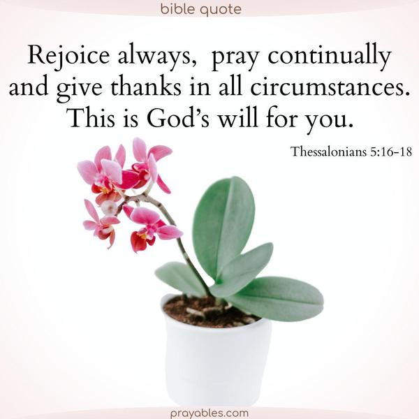 Thessalonians 5:16-18 Rejoice always,  pray continually, and give thanks in all circumstances. This is God’s will for you.