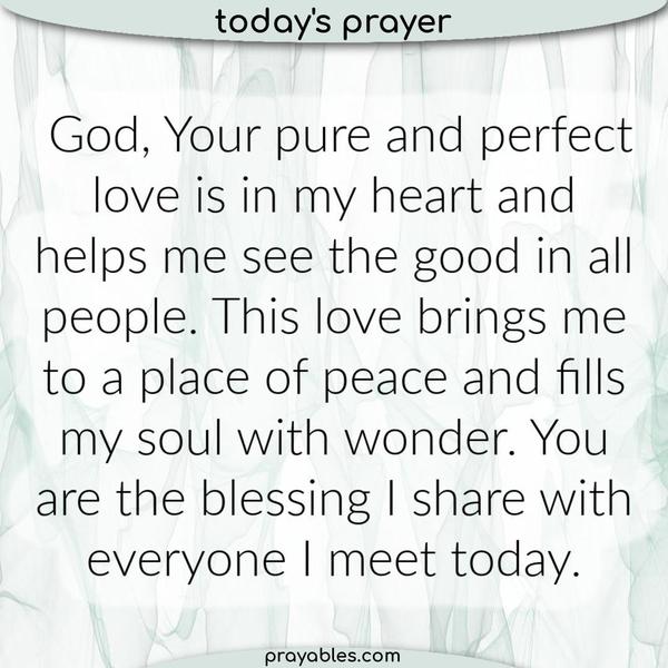 God, Your pure and perfect love is in my heart and helps me see the good in all people. This love brings me to a place of peace and fills my
soul with wonder. You are the blessing I share with everyone I meet today.