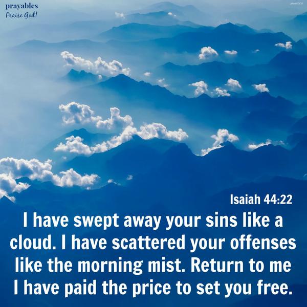 Isaiah 44:22 I have swept away your sins like a cloud. I have scattered your offenses like the morning mist. Return to me I have paid the price to set you free.