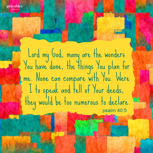 Psalm 40:5  Lord my God, many are the wonders You have done, the things You plan for me. None can compare with You. Were I to speak and tell of Your deeds, they would be too numerous to declare.