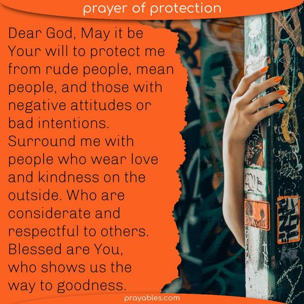 Dear God, May it be Your will to protect me from rude people, mean people, and those with negative attitudes or bad intentions. Surround me with people who wear Your Spirit on
the outside — love and kindness, consideration and respect for others. Blessed are You, who shows us the way to goodness.  