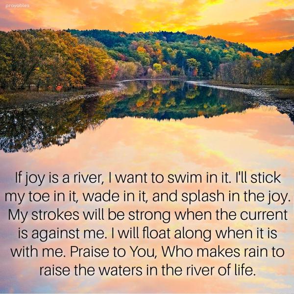 If joy is a river, then I want to swim in it. I’ll stick my toe in it, wade in it, and splash in the joy. My strokes will be strong when the current is against me. I will float along when
it is with me. Praise to You, Who makes rain to raise the waters in the river of life.