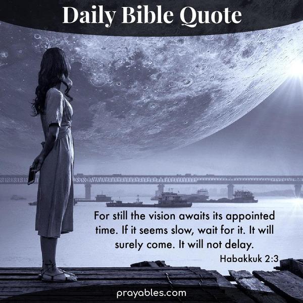 Habakkuk 2:3 For still the vision awaits its appointed time. If it seems slow, wait for it. It will surely come. It will not delay.