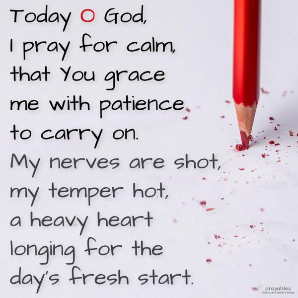 Today O God, I pray for calm, that You will grace me with patience to carry on. My nerves are shot, my temper hot, a heavy heart longing for the day’s fresh start.