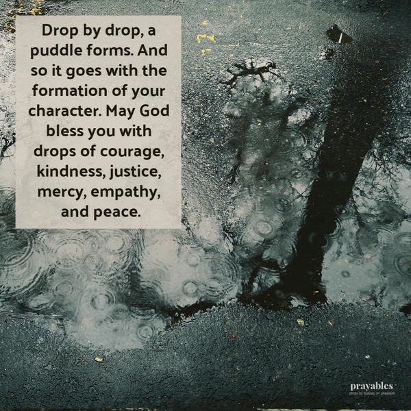 Drop by drop, a puddle forms. And so it goes with the formation of your character. May God bless you with drops of courage, kindness, justice, mercy, empathy, and peace.