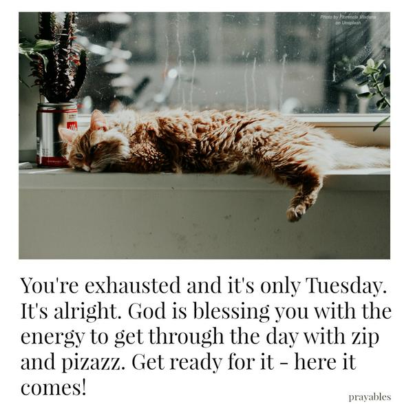 You’re exhausted and it’s only Tuesday. It’s alright. God is blessing you with the energy to get through the day with zip and pizazz. Get ready for it – here it comes!