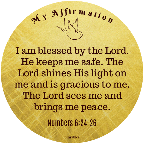 Numbers 6:24-26 I am blessed by the Lord. He keeps me safe. The Lord shines His light on me and is gracious to me. The Lord sees me and brings me peace.