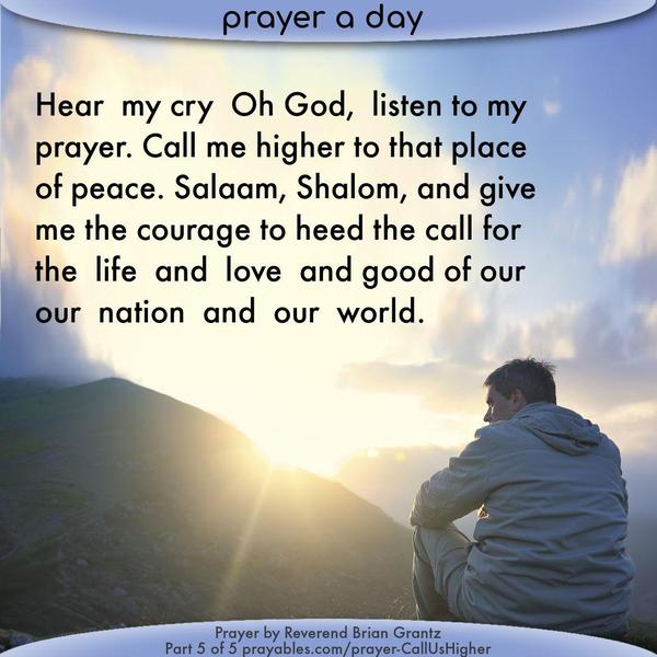 Hear my cry Oh God, listen to my prayer. Call me higher to that place of peace. Salaam, Shalom, and give me the courage to heed the call for the life and
love and good of our nation and our world.