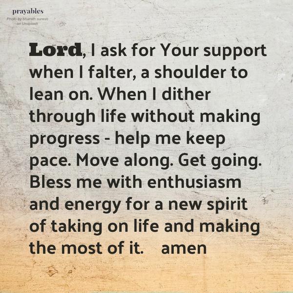 Lord, I ask for Your support when I falter, a shoulder to lean on. When I dither through life without making progress – help me keep pace. Move along. Get going. Bless me with enthusiasm and energy for a new spirit of taking on life
and making the most of it. amen