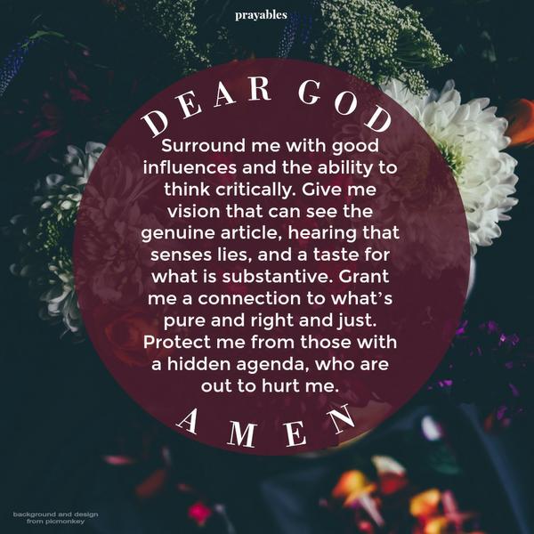 Surround me with good influences and the ability to think critically. Give me vision that can see the genuine article, hearing that senses lies, and a taste for what is substantive. Grant me a connection to what’s pure and right and
just. Protect me from those with a hidden agenda, who are out to hurt me. Amen