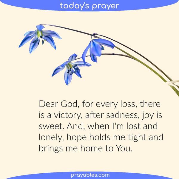 Dear God, for every loss, there is a victory, after sadness, joy is sweet. And, when I'm lost and lonely, hope holds me tight and brings me home to You.