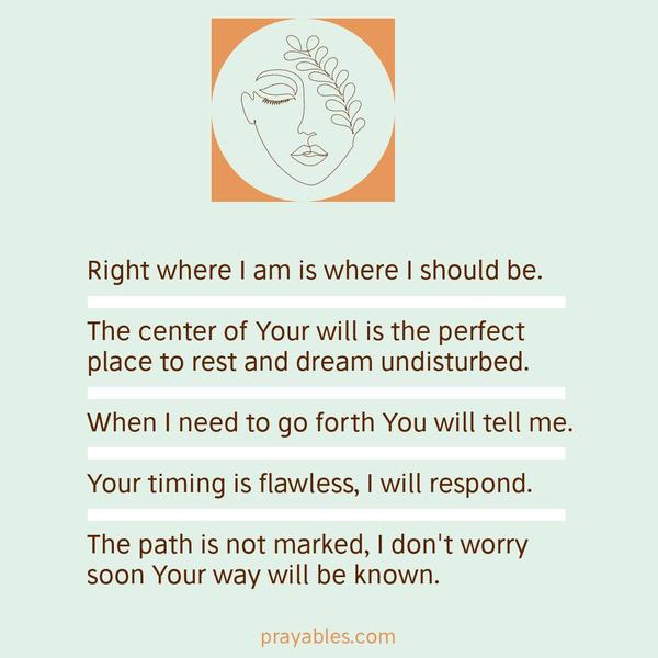 Right where I am is where I should be. In the center of Your will, the perfect place to rest and dream undisturbed. When I need to go forth You will tell
me. Your timing flawless, I will respond. The path is not marked but I don't worry, soon Your way will be known.
