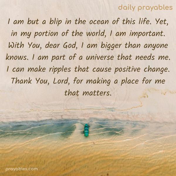 I am but a blip in the ocean of this life. Yet, in my portion of the world, I am important. With You, dear God, I am bigger than anyone knows. I am part of a universe that needs me. I can make ripples that cause positive change. Thank You, Lord, for making a place for me that matters.