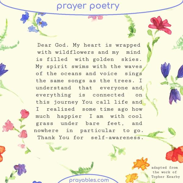 Dear God. My heart is wrapped with wildflowers and my mind is filled with golden skies. My spirit swims with the waves of the oceans and my voice sings the same songs as the
trees. I understand that everyone and everything is connected on this journey we call life and I realized some time ago how much happier I am with cool grass under bare feet, and nowhere in particular to go. I thank You for my self-awareness. adapted from the work by Topher Kearby