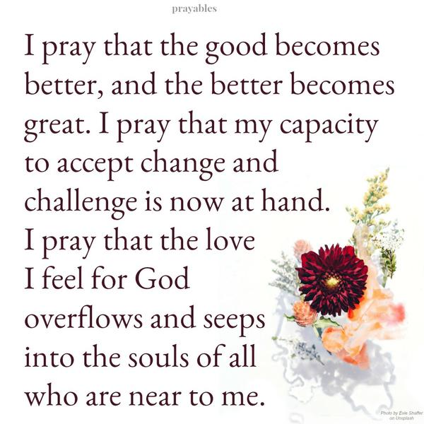 I pray that the good becomes better, and the better becomes great. I pray that my capacity to accept change and challenge is now at hand. I pray that the love I feel for God overflows and seeps into the souls of all who are near to me.