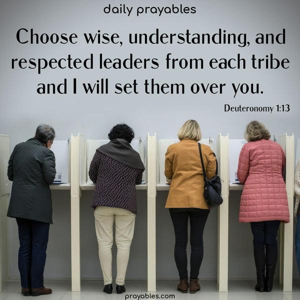 Choose wise, understanding, and respected leaders from each tribe, and I will set them over you. Deuteronomy 1:13