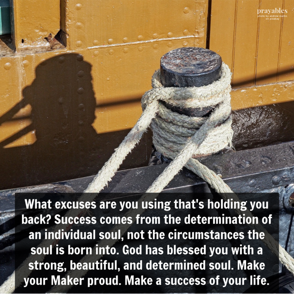 What excuse are you using that’s holding you back? Success comes from the determination of an individual soul, not the
circumstances the soul is born into. God has blessed you with a strong, beautiful, and determined soul. Make your Maker proud. Make a success of your life.