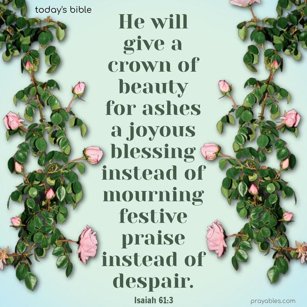 He will give a crown of beauty for ashes, a joyous blessing instead of mourning, festive praise instead of despair. Isaiah 61:3