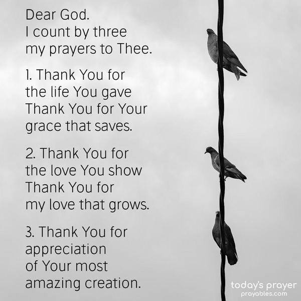 Dear God. I count by three my prayers to Thee. 1. Thank You for the life You gave, thank You for Your grace that saves. 2. Thank You for the love You show, Thank You for my love that grows. 3. Thank You for the appreciation of Your most amazing creation.