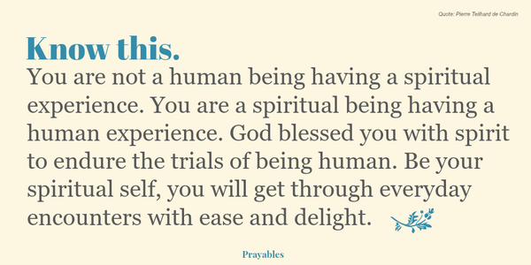 Know this. You are not  a human being having a spiritual experience. You  are a spiritual being having a human experience. God  blessed you with spirit to endure the trials of being human. Be your spiritual self, you will get through
everyday encounters with ease and delight.