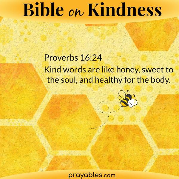 Proverbs 16:24 Kind words are like honey, sweet to the soul, and healthy for the body.