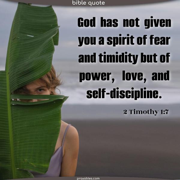 God has not given you a spirit of fear and timidity but of power, love, and self-discipline. 2 Timothy 1:7