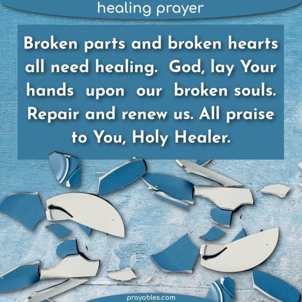 Broken parts and broken hearts all need healing. God, lay Your hands upon our broken souls. Repair and renew us. All praise to You, Holy Healer.