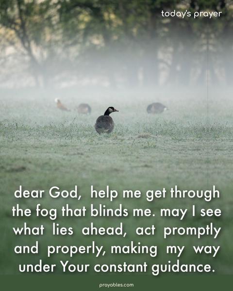 dear God,  help me get through the fog that blinds me. may I see what  lies  ahead,  act  promptly and  properly, making  my  way under Your constant guidance.