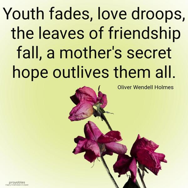 Youth fades, love droops, the leaves of friendship fall, a mother’s secret hope outlives them all. Oliver Wendell Holmes